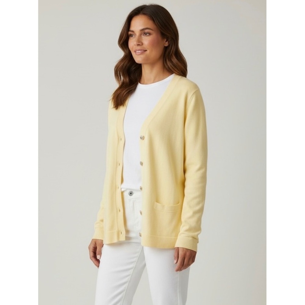 Tabi Women Large Yellow Cotton V-Neck Cardigan Sweater Seashell Buttons Sweaters